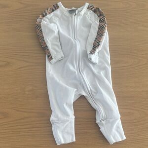 Burberry White Baby One-Piece Footie with Vintage Check Trim